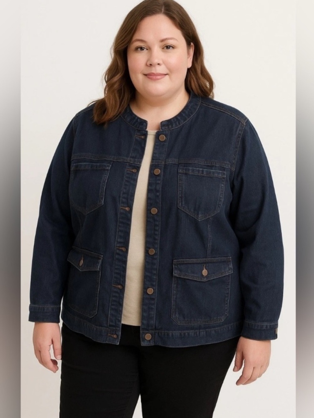 Eileen Fisher Organic Cotton Jean Jacket with Mandarin Collar